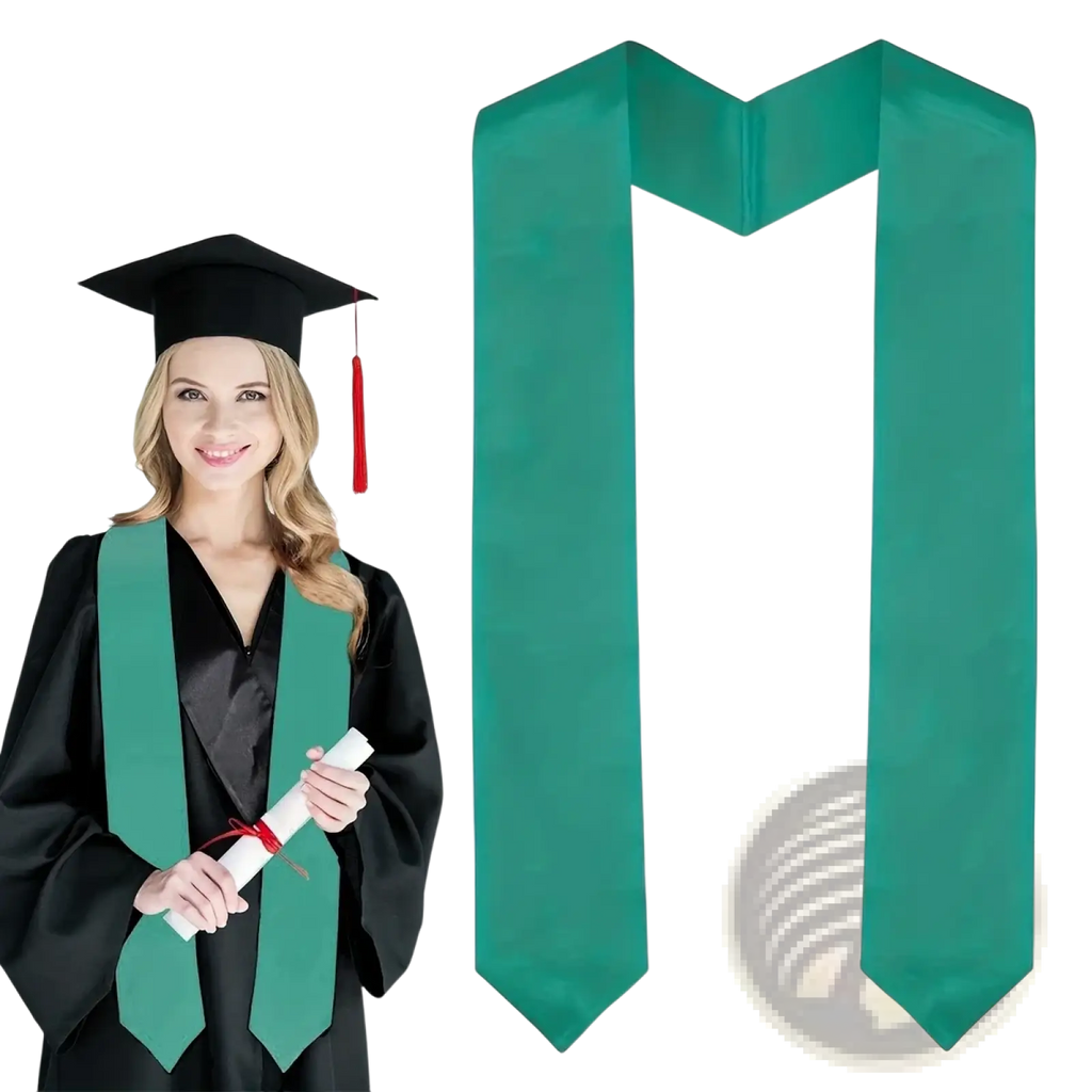 Emerald green plain satin graduation stole with smooth glossy finish polyester sash neatly folded ends