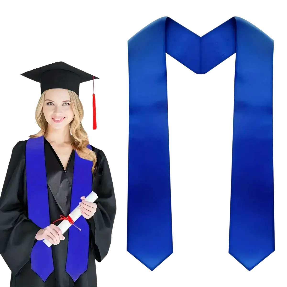 Royal blue plain satin polyester graduation stole with a smooth glossy finish and neatly folded ends