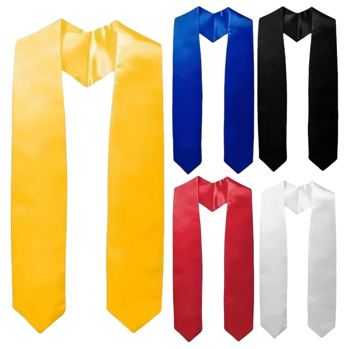 A set of five plain satin graduation stoles in yellow blue black red and white polyester sash for ceremonies