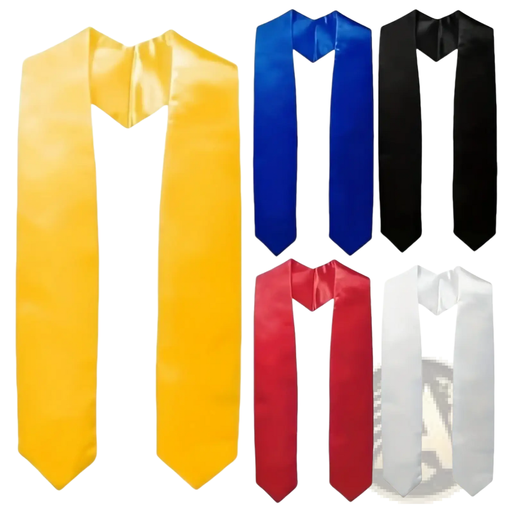 A set of five plain satin graduation stoles in yellow blue black red and white polyester sash for ceremonies