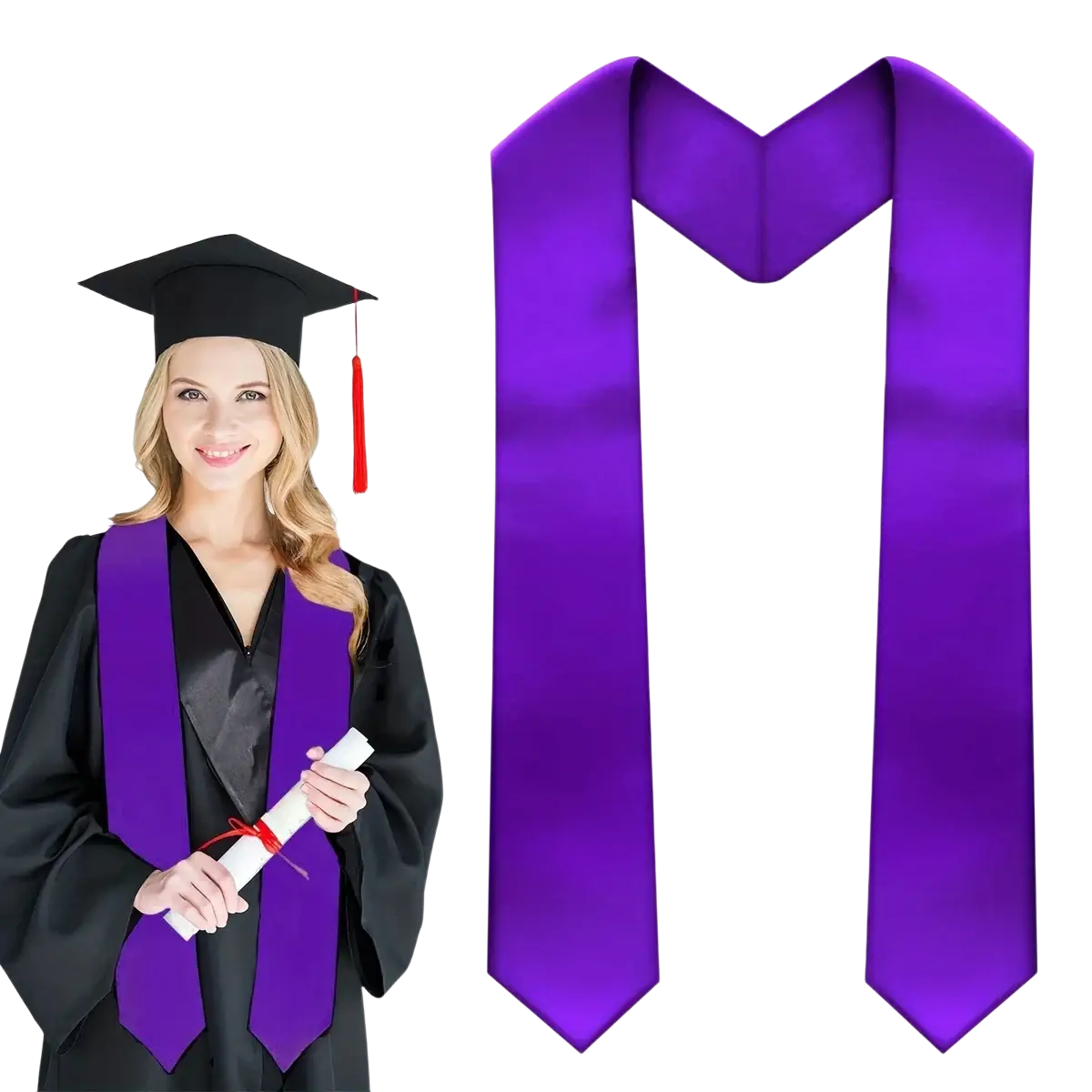 Vibrant purple plain satin graduation stole with smooth glossy finish polyester sash in classic v-shaped cut