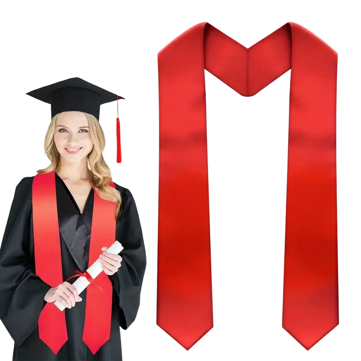 Vibrant red plain satin graduation stole with smooth glossy finish and classic v-shaped neckline in polyester