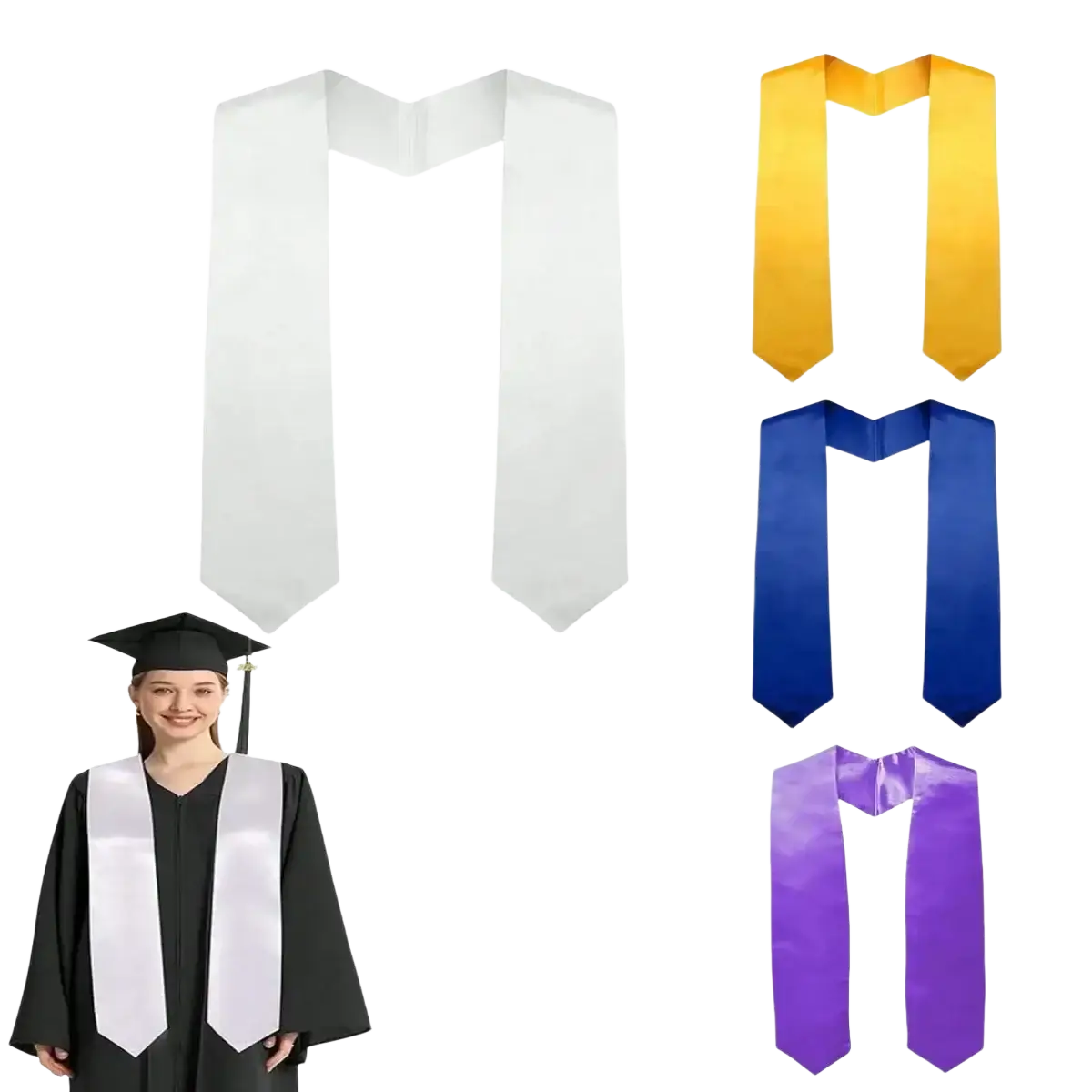 White plain satin graduation stole made of polyester worn over a black gown for graduation ceremonies