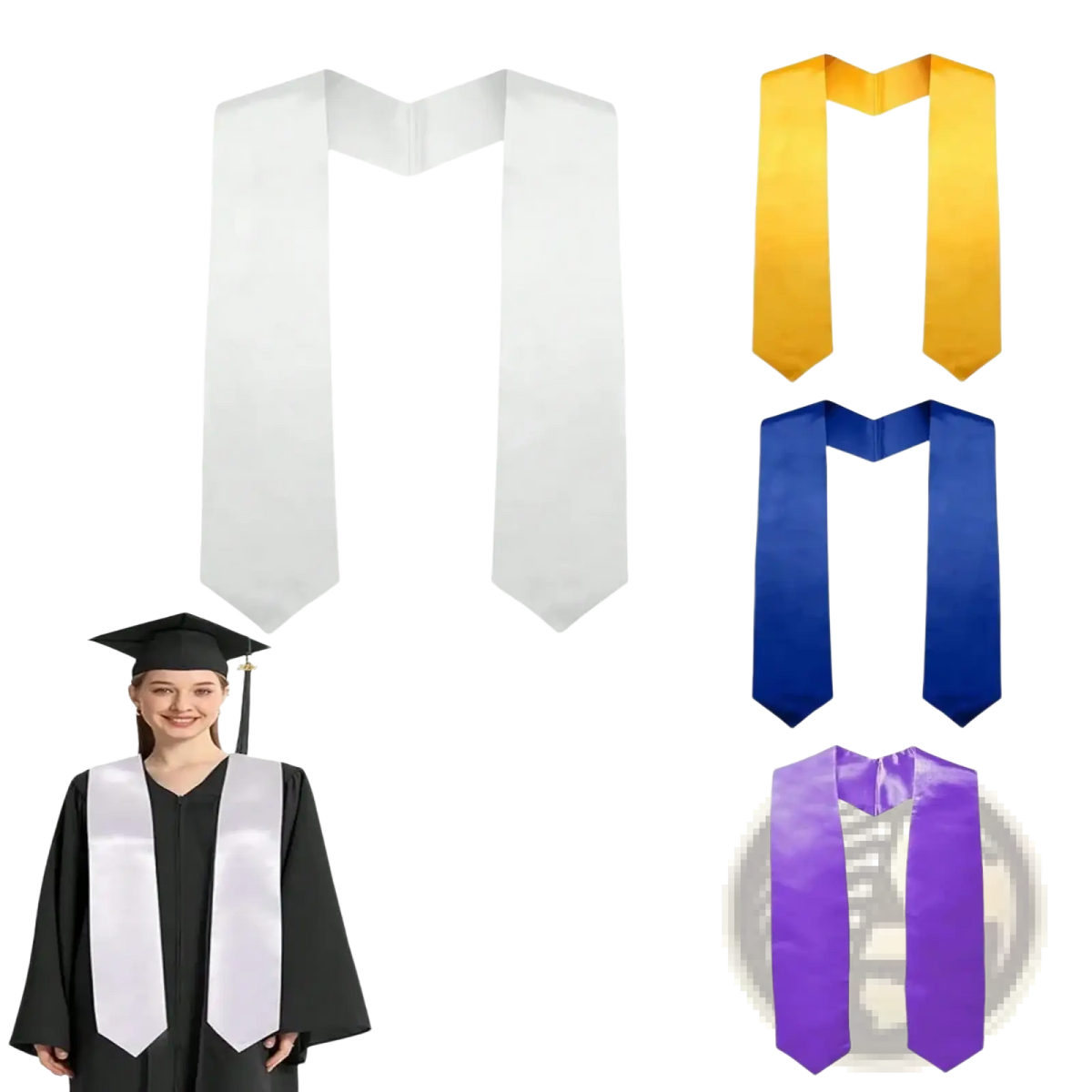 White satin plain graduation stole with smooth glossy finish classic v-shaped design polyester sash for ceremonies