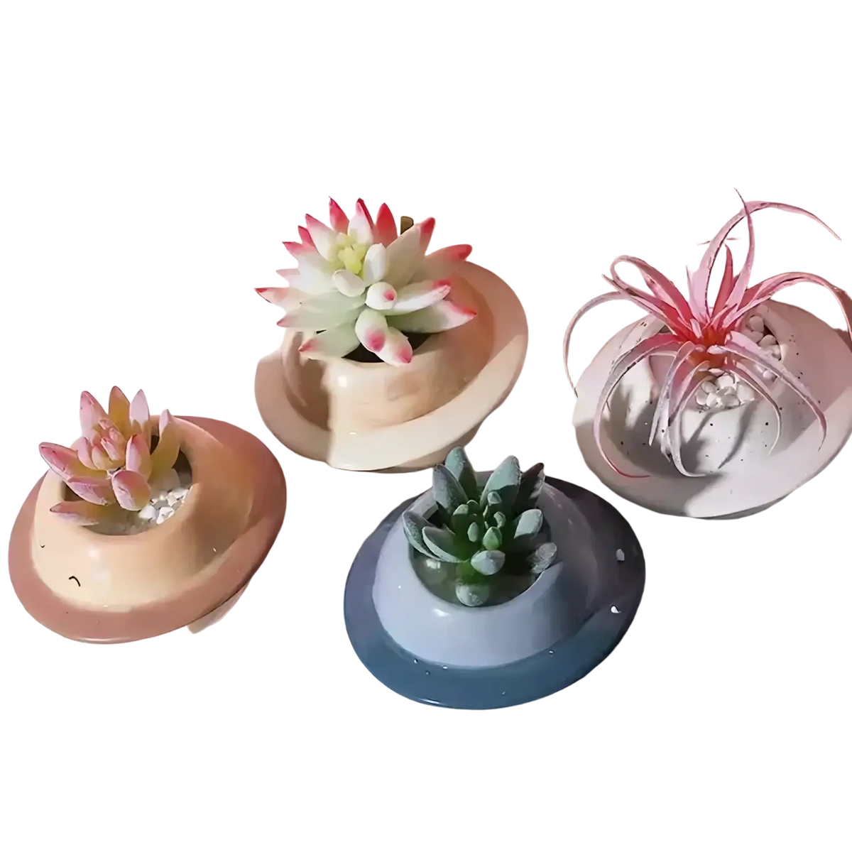 Pastel-colored ceramic succulent planters with modern minimalist design ideal for desktop use in the planet ceramic pot series