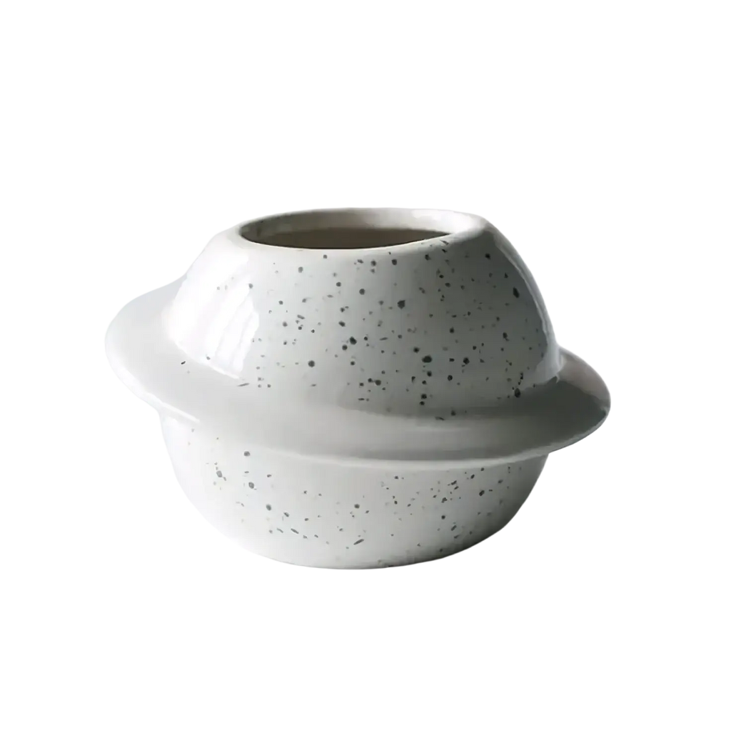 White ceramic succulent pot with black speckles and flat circular rim ideal for desktop planter use