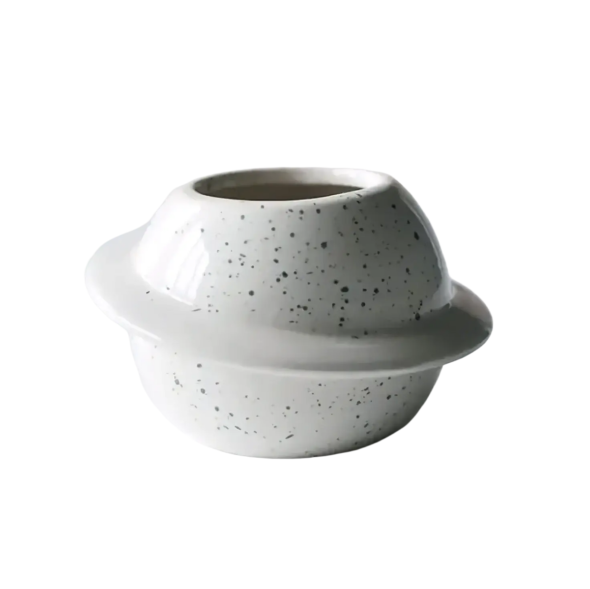 White ceramic succulent pot with black speckles and flat circular rim ideal for desktop planter use