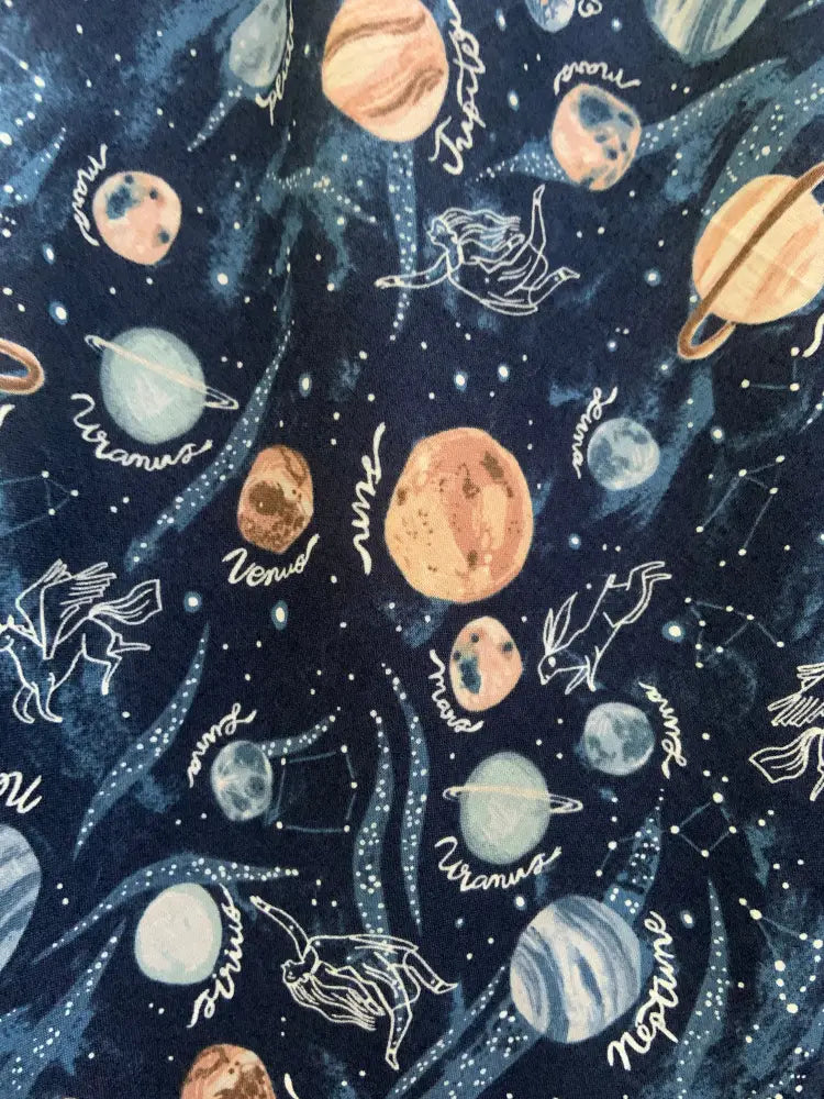 Vintage 1950s navy celestial cotton a-line dress with pockets featuring whimsical space-themed print of planets and constellations