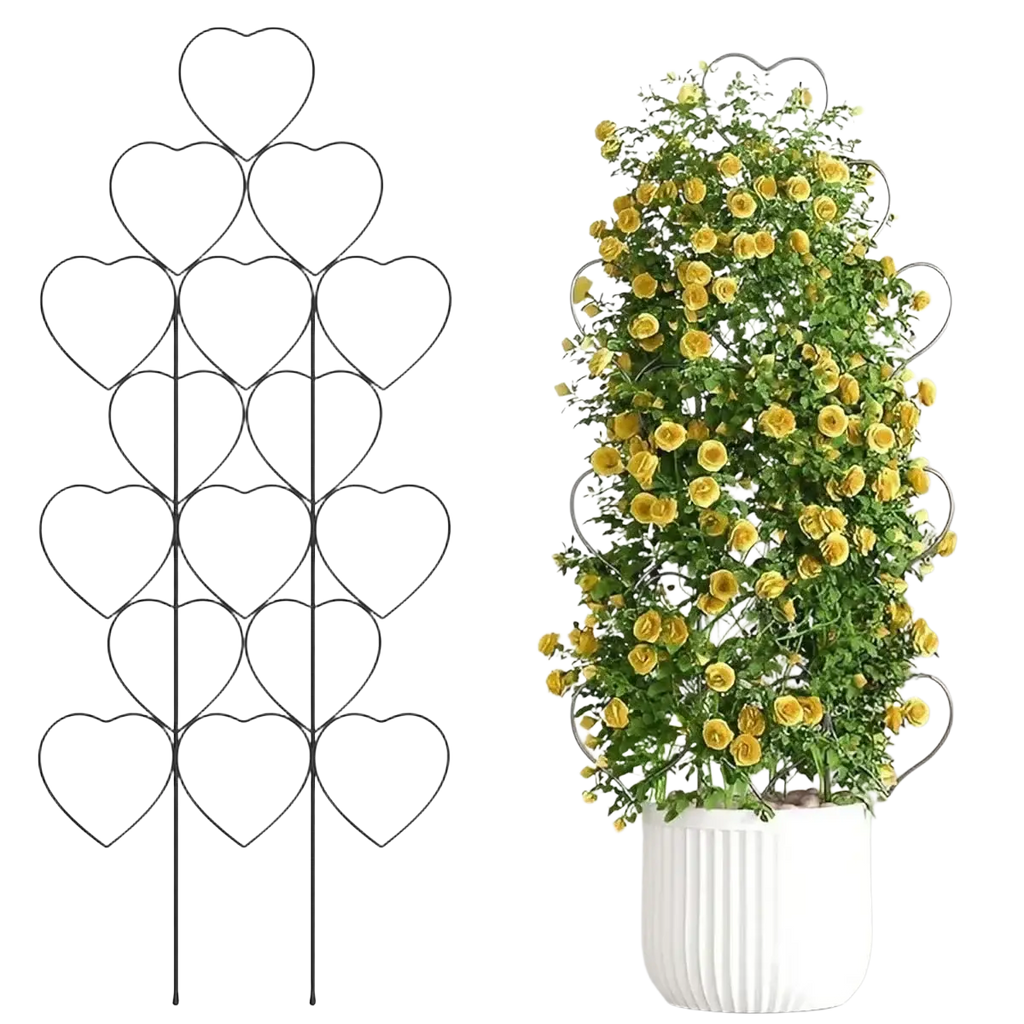 Black metal heart-shaped trellis plant support for climbing plants and garden plants accessories
