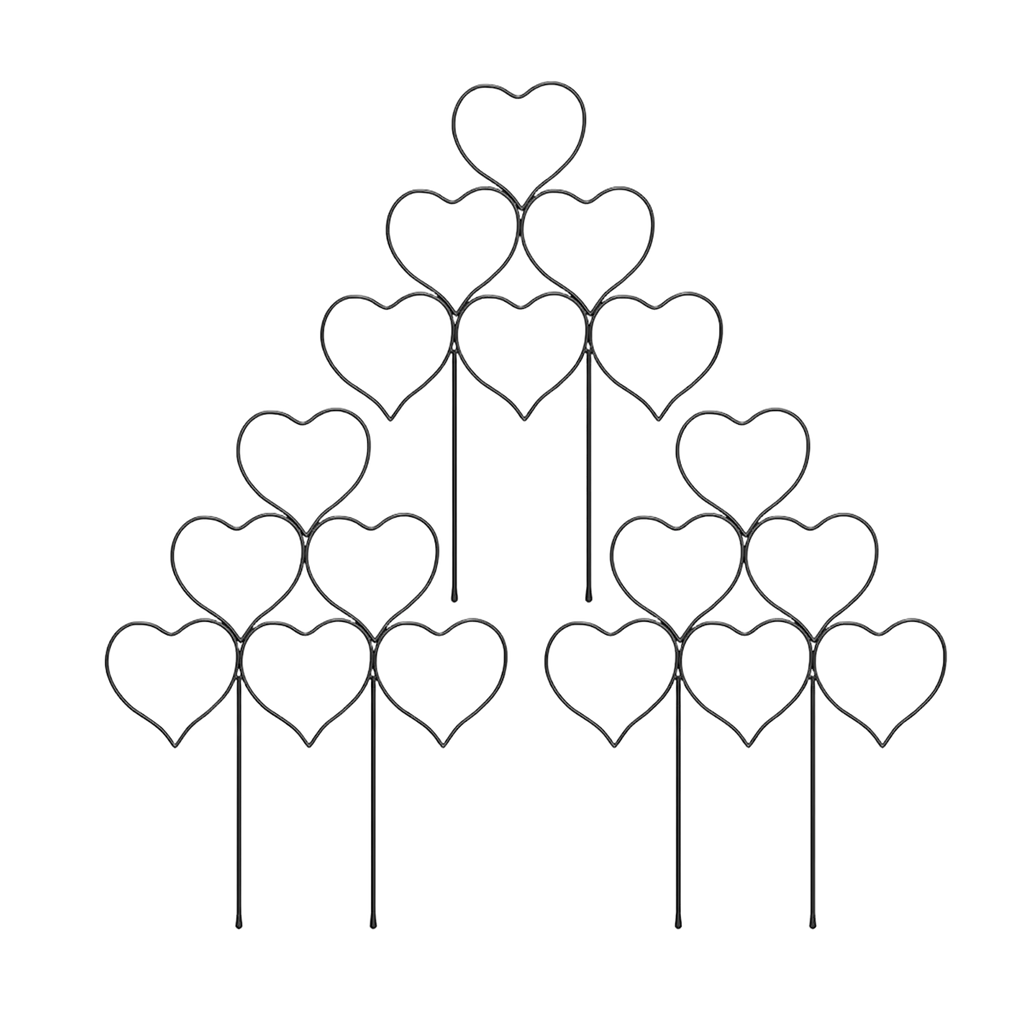 Black metal heart-shaped plant support trellis arranged in a pyramid for climbing plants and plants accessories