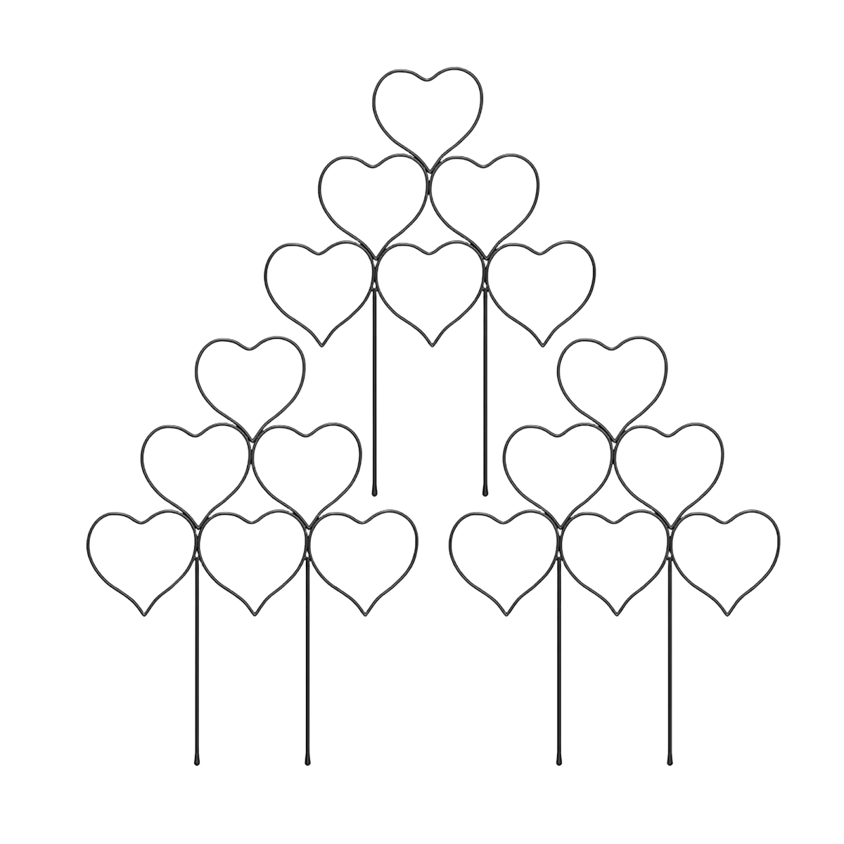 Black metal heart-shaped plant support trellis arranged in a pyramid for climbing plants and plants accessories