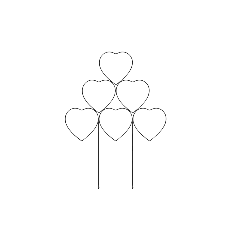 Black wire heart-shaped metal trellis with six hearts in pyramid formation for plant support and climbing plants accessories