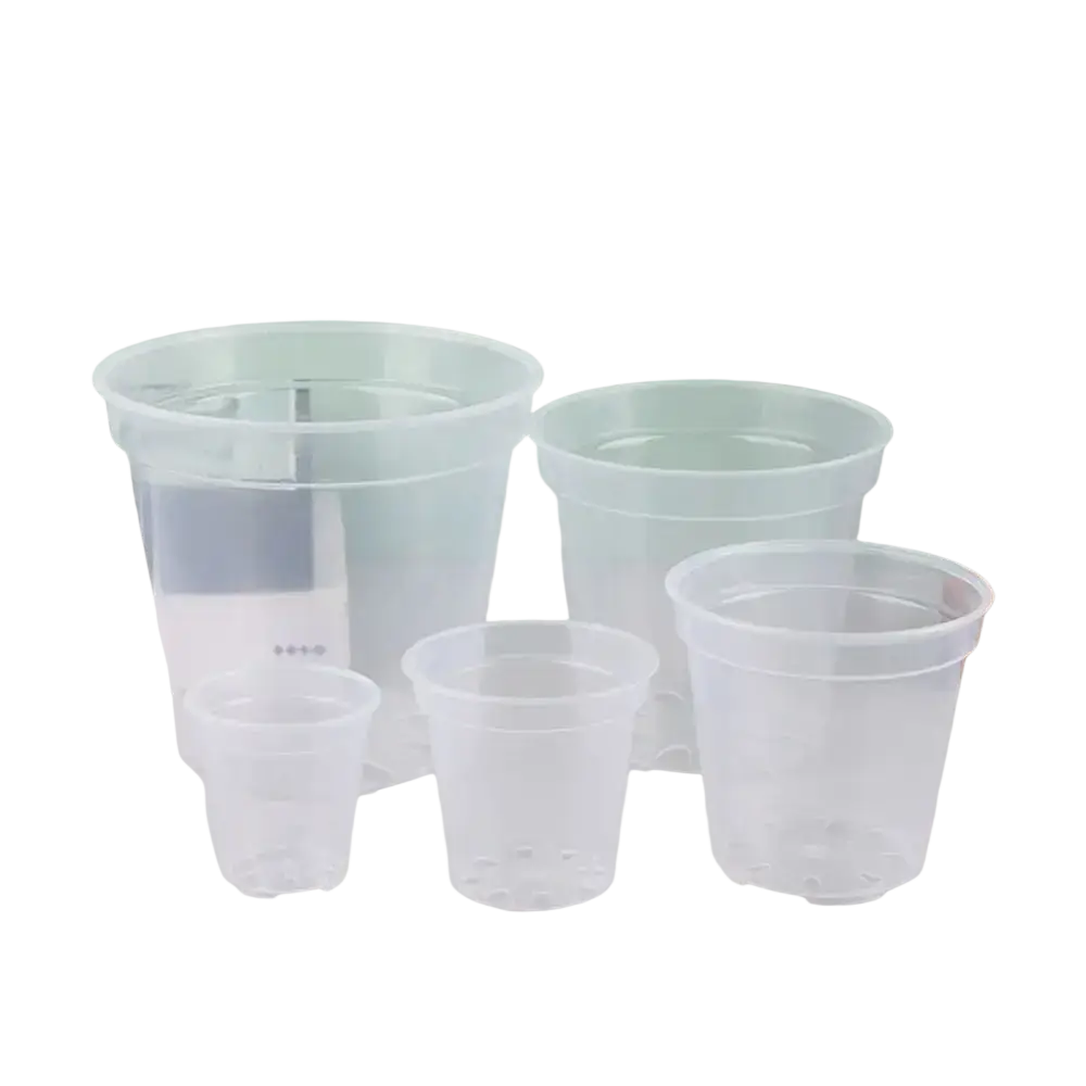 Set of translucent clear plastic planter pots in various sizes with smooth cylindrical design and reinforced bases