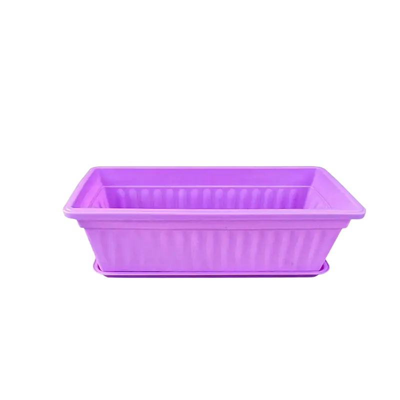 Purple rectangular plastic planting pots with ribbed sides and matching saucer for plants pots use