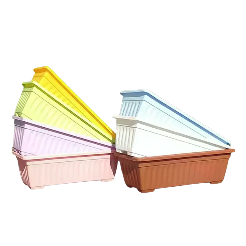 Stacked rectangular plastic planting pots in pastel pink lavender yellow light blue and terracotta with ribbed sides