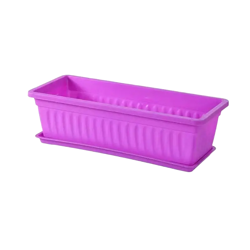 Vibrant purple rectangular plastic planter with ribbed sides and matching saucer for planting pots and plants pots use