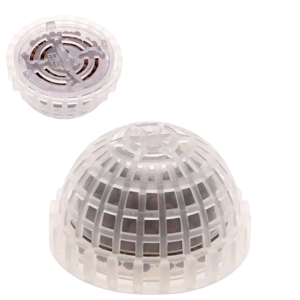 Transparent plastic dome-shaped aquarium filter housing with grid pattern and internal mechanical components for moss ball holder