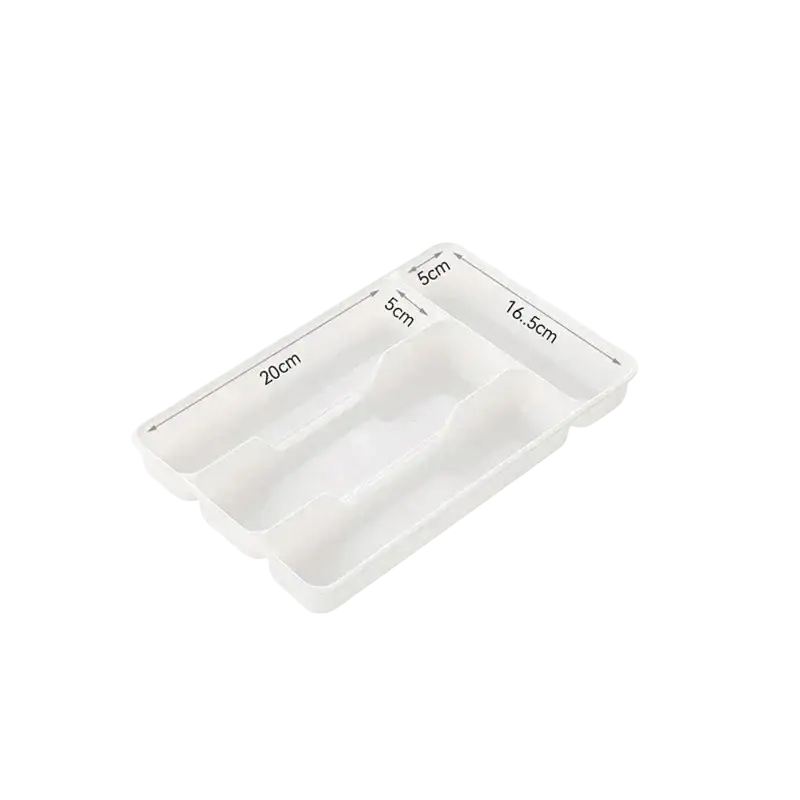 White plastic kitchen utensil organizer tray with four compartments for cutlery drawer storage