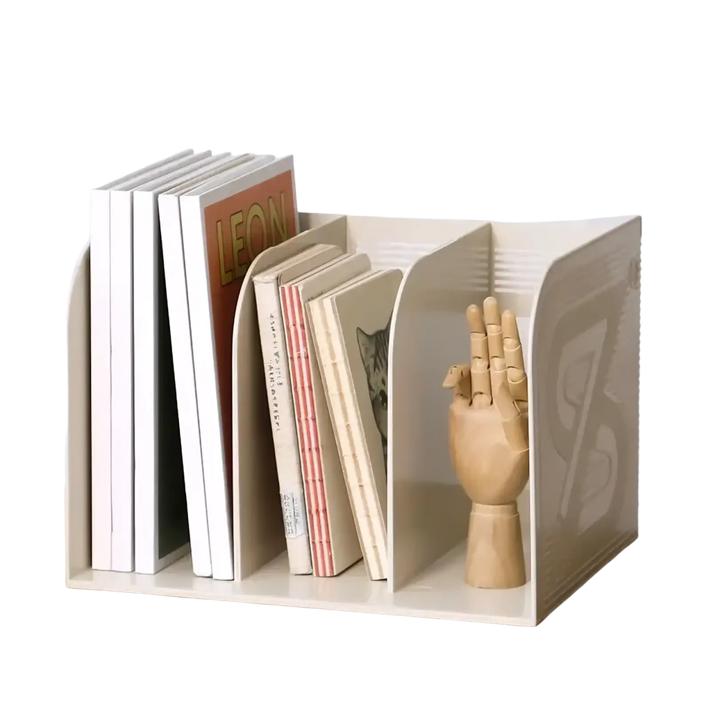Beige plastic desk organizer and book storage rack with three compartments holding books and a wooden hand model