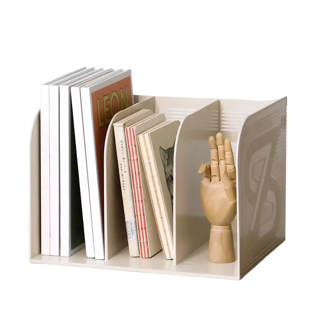 Beige plastic one-piece three-cell file ticket organizer with minimalist design and subtle embossed patterns for desk use