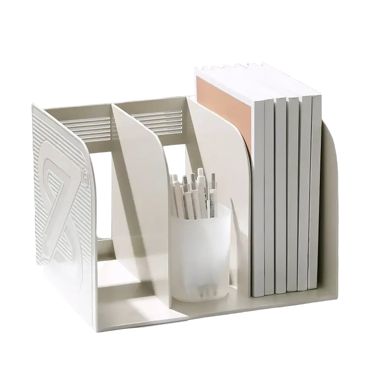 Minimalist off-white plastic desk organizer and book storage rack with sleek modern design and embossed geometric side patterns