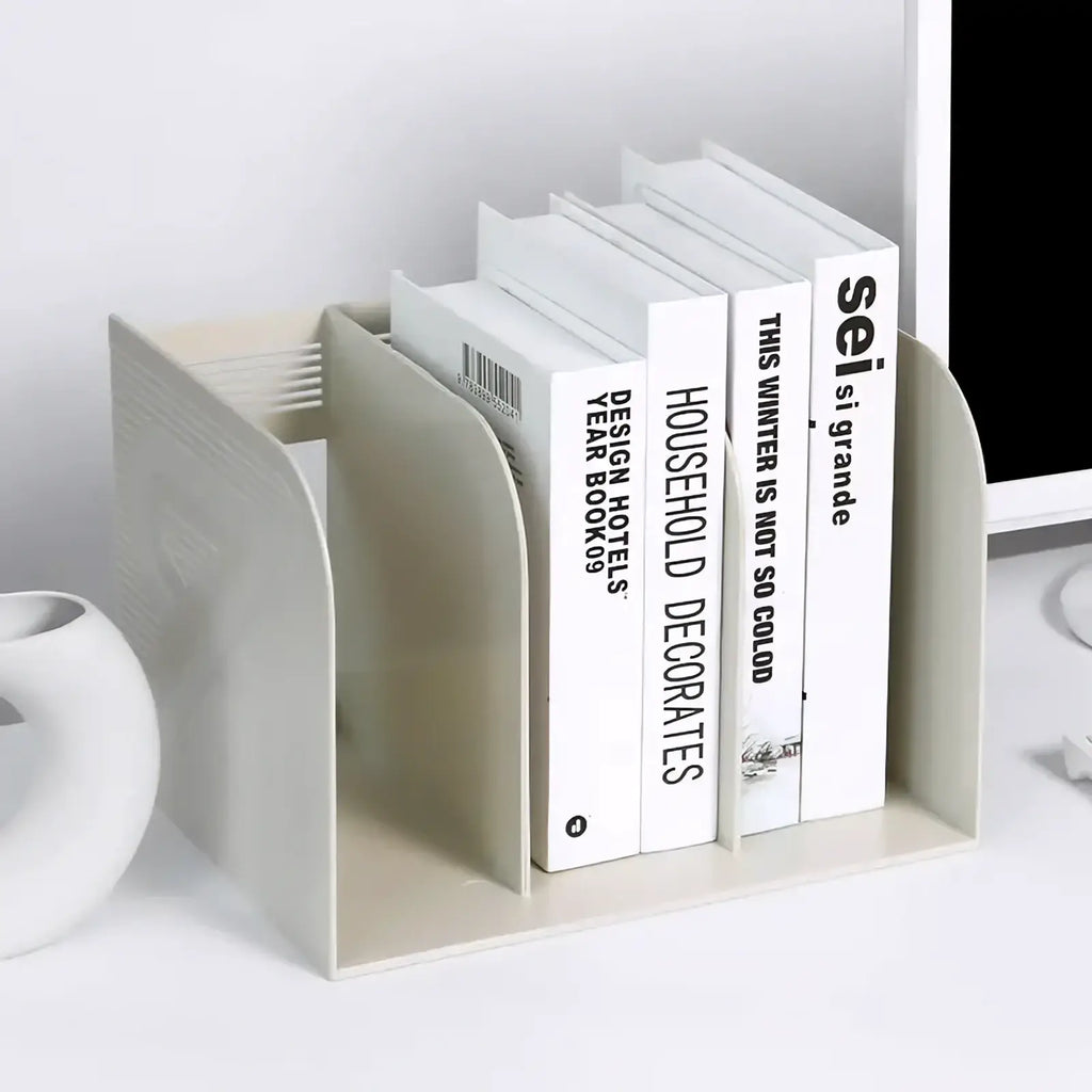 Minimalist off-white plastic desk organizer and bookshelf storage rack holding neatly arranged white books