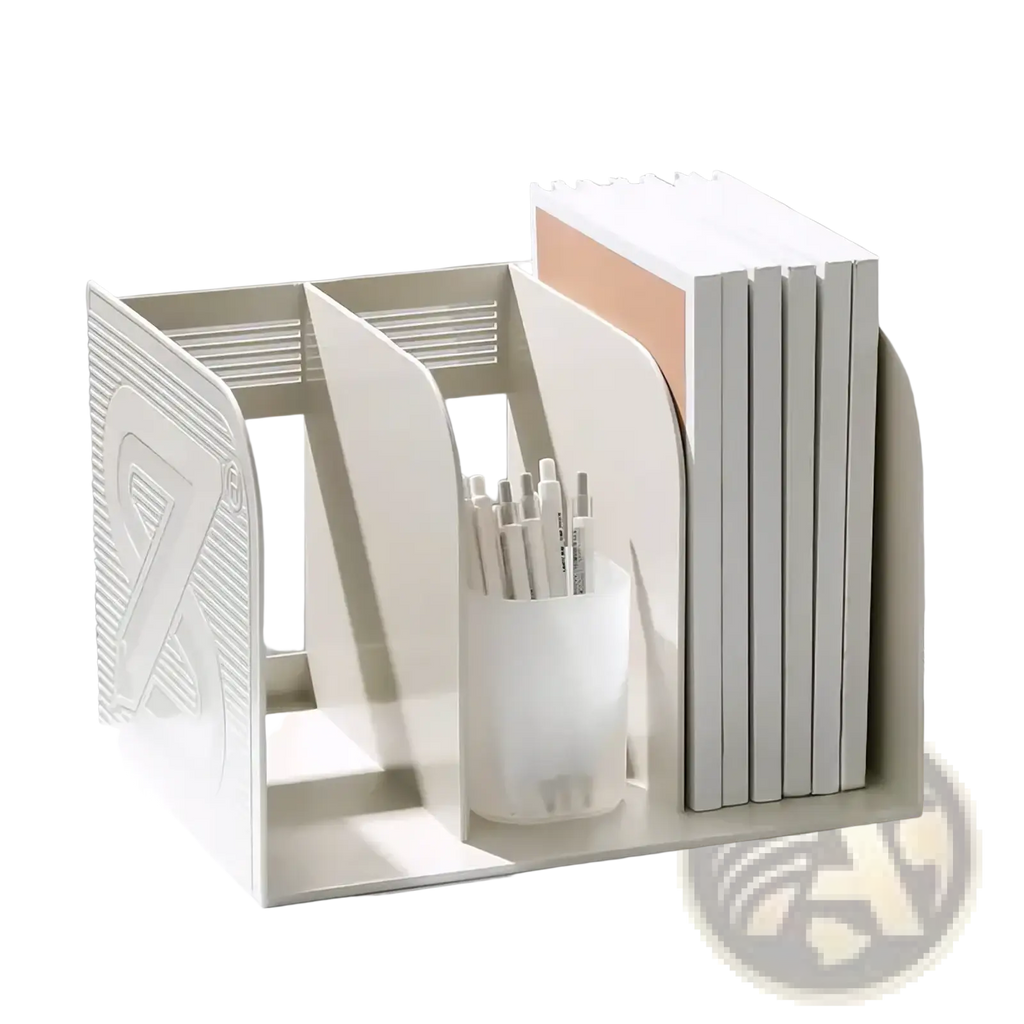 Minimalist off-white plastic desk organizer and book storage rack with sleek modern design and embossed geometric side patterns