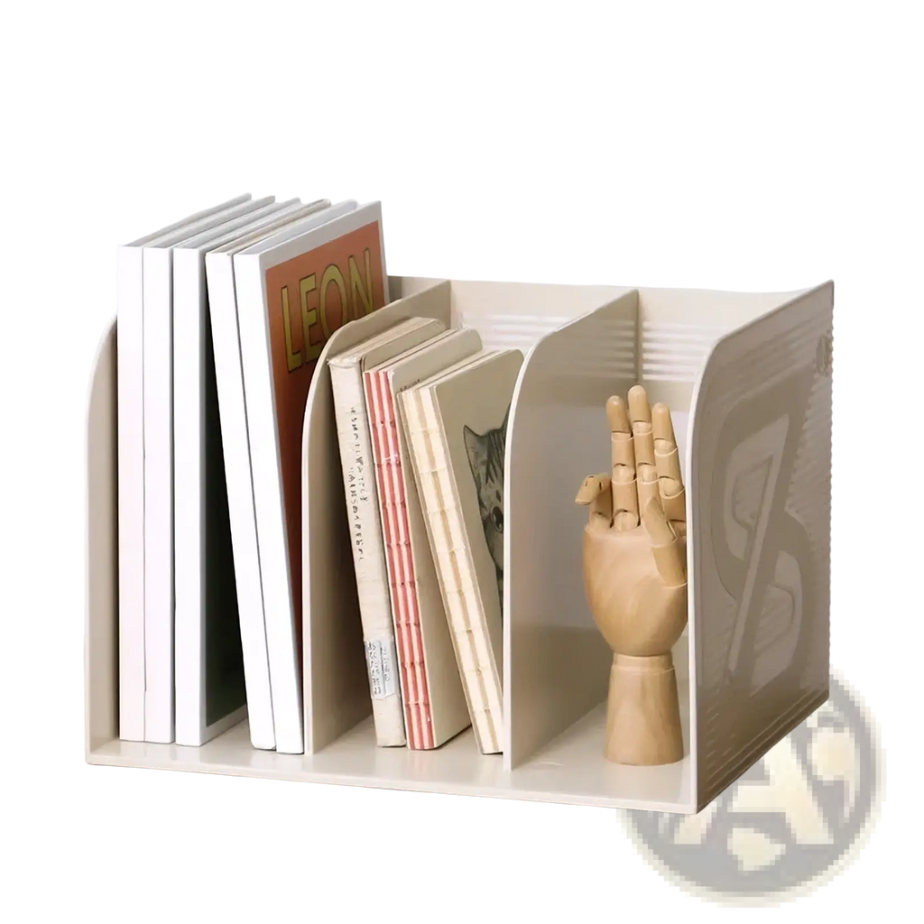 Beige plastic one-piece three-cell file ticket organizer with minimalist design and subtle embossed patterns for desk use