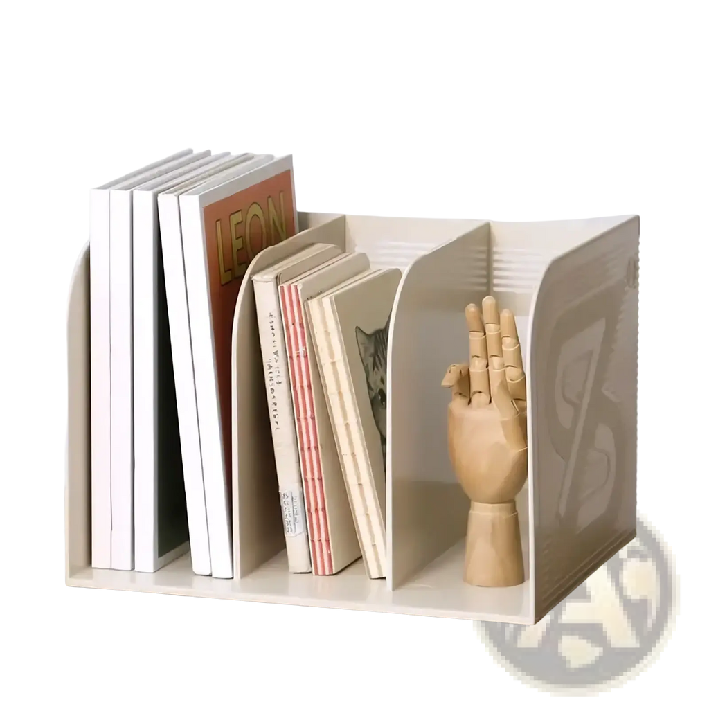Beige plastic desk organizer and book storage rack with three compartments holding books and a wooden hand model