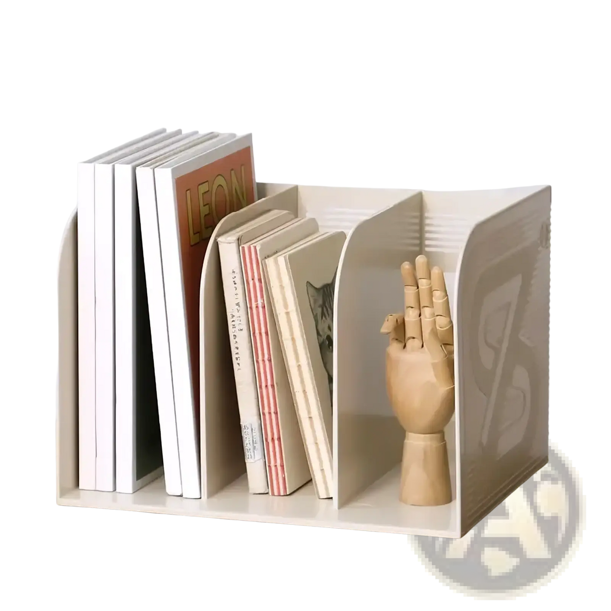 Beige plastic desk organizer and book storage rack with three compartments holding books and a wooden hand model
