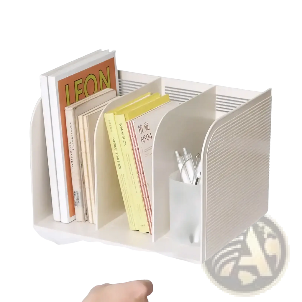 Cream-colored plastic desk organizer with multiple compartments for book and pen storage rack