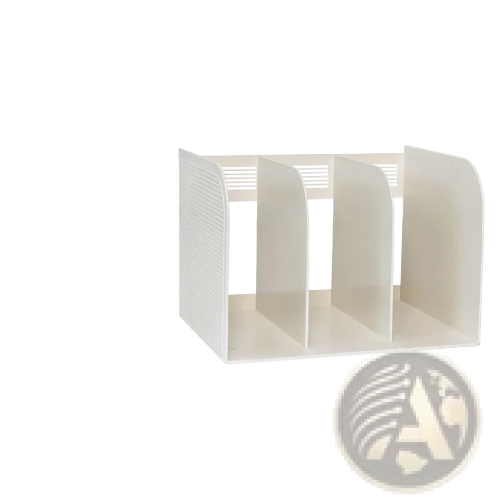 White plastic desk organizer and book storage rack with three compartments and a sleek modern design