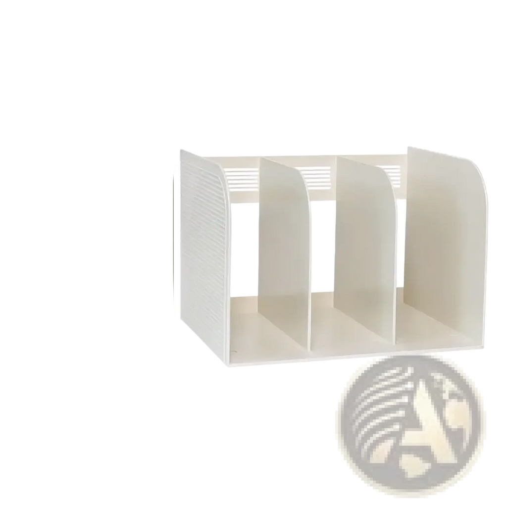 White three-compartment plastic desk organizer made of eco-friendly material for book storage and office use