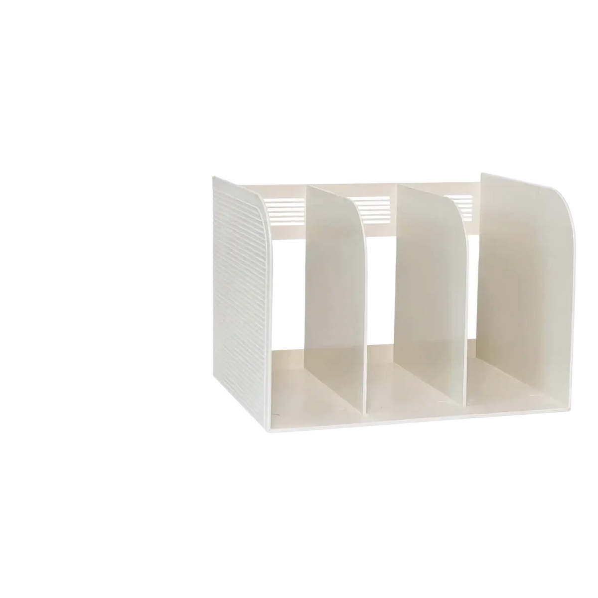 White plastic desk organizer and book storage rack with three compartments and a sleek modern design