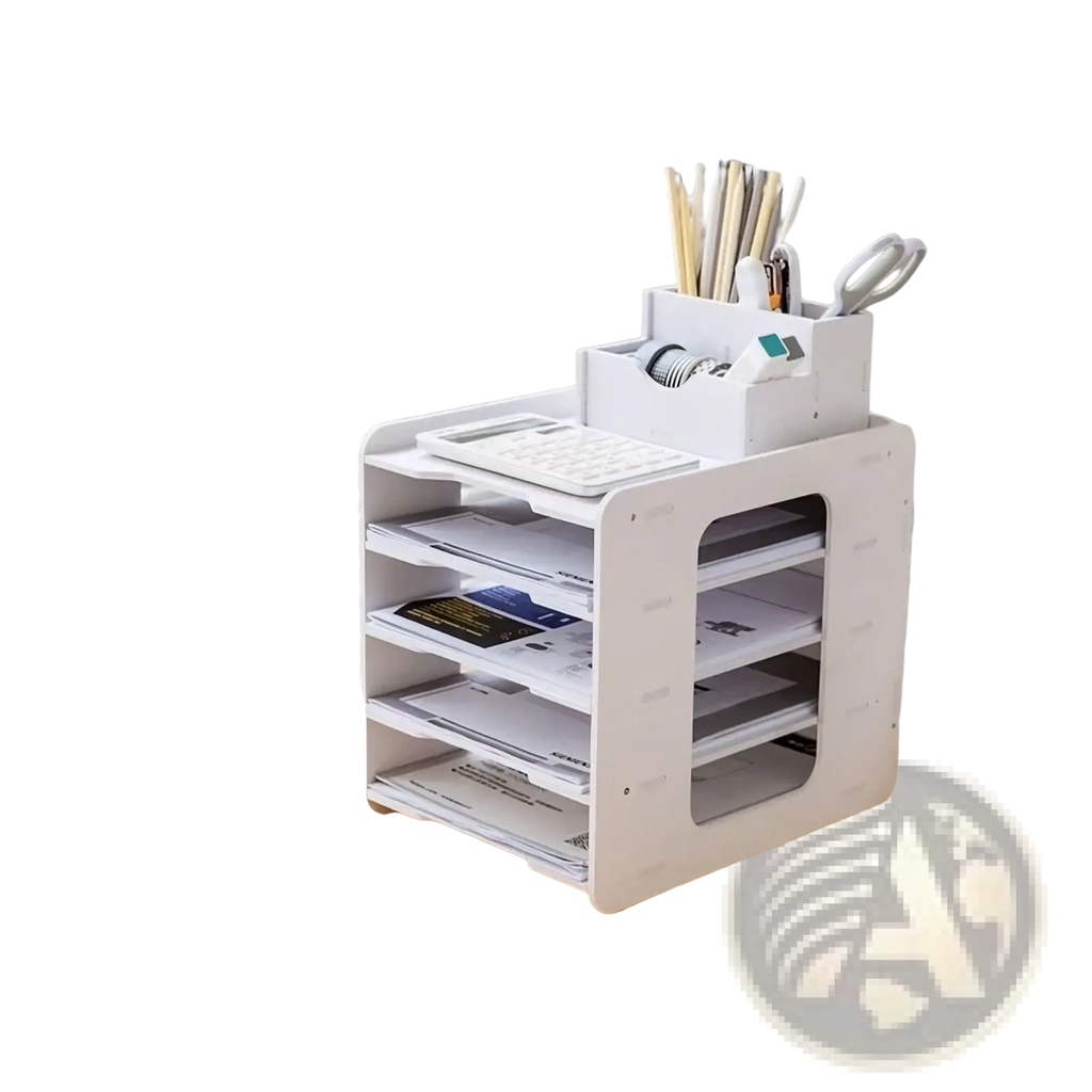 White plastic multi-tiered desktop file organizer with transparent side panels and top compartment for office supplies