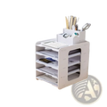 White plastic multi-tiered desktop file organizer with transparent side panels and top compartment for office supplies