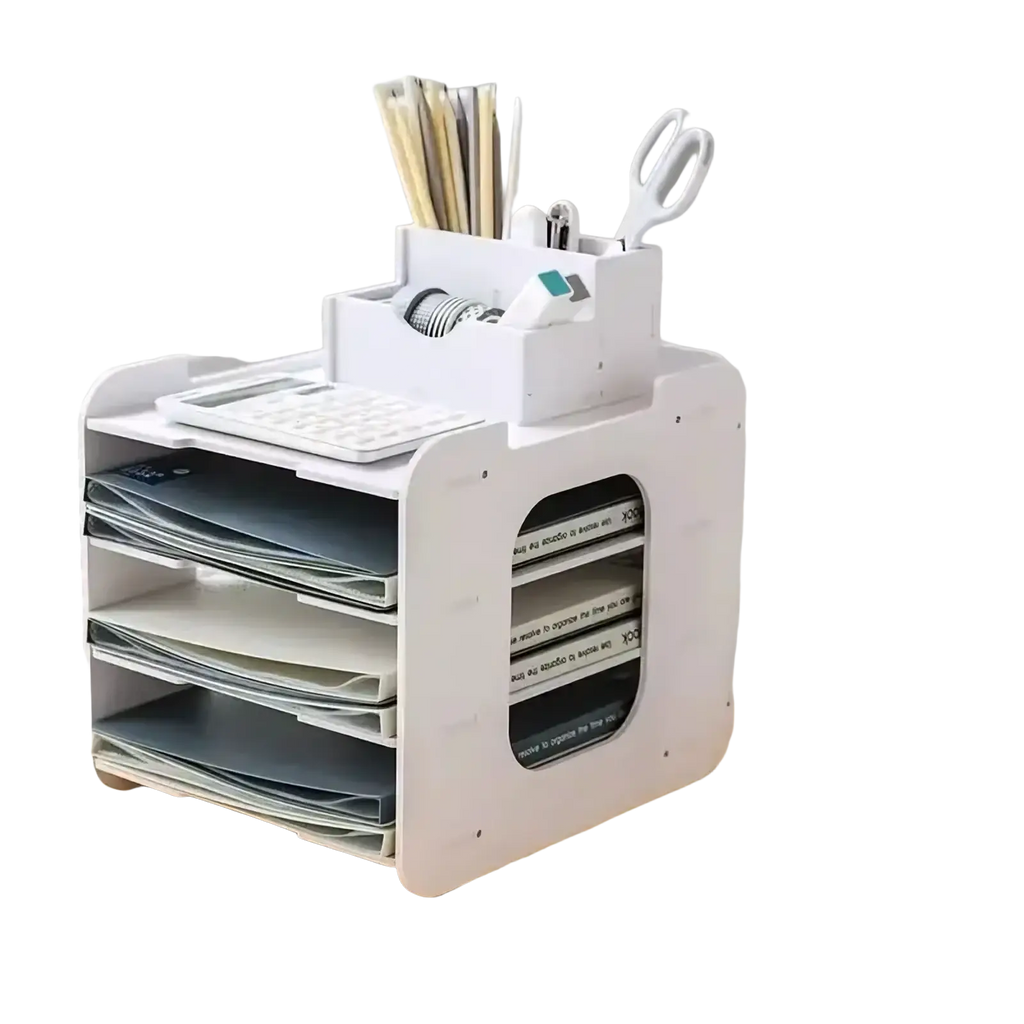 White plastic desktop file organizer with multiple compartments holding papers calculator and office supplies