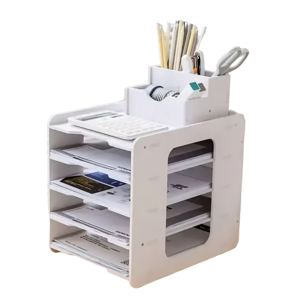 White plastic desktop file organizer with multiple compartments holding papers calculator and office supplies