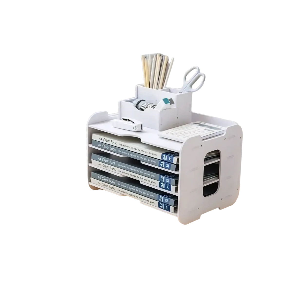 White plastic desktop file organizer with four horizontal compartments and a top section for scissors pencils and tape