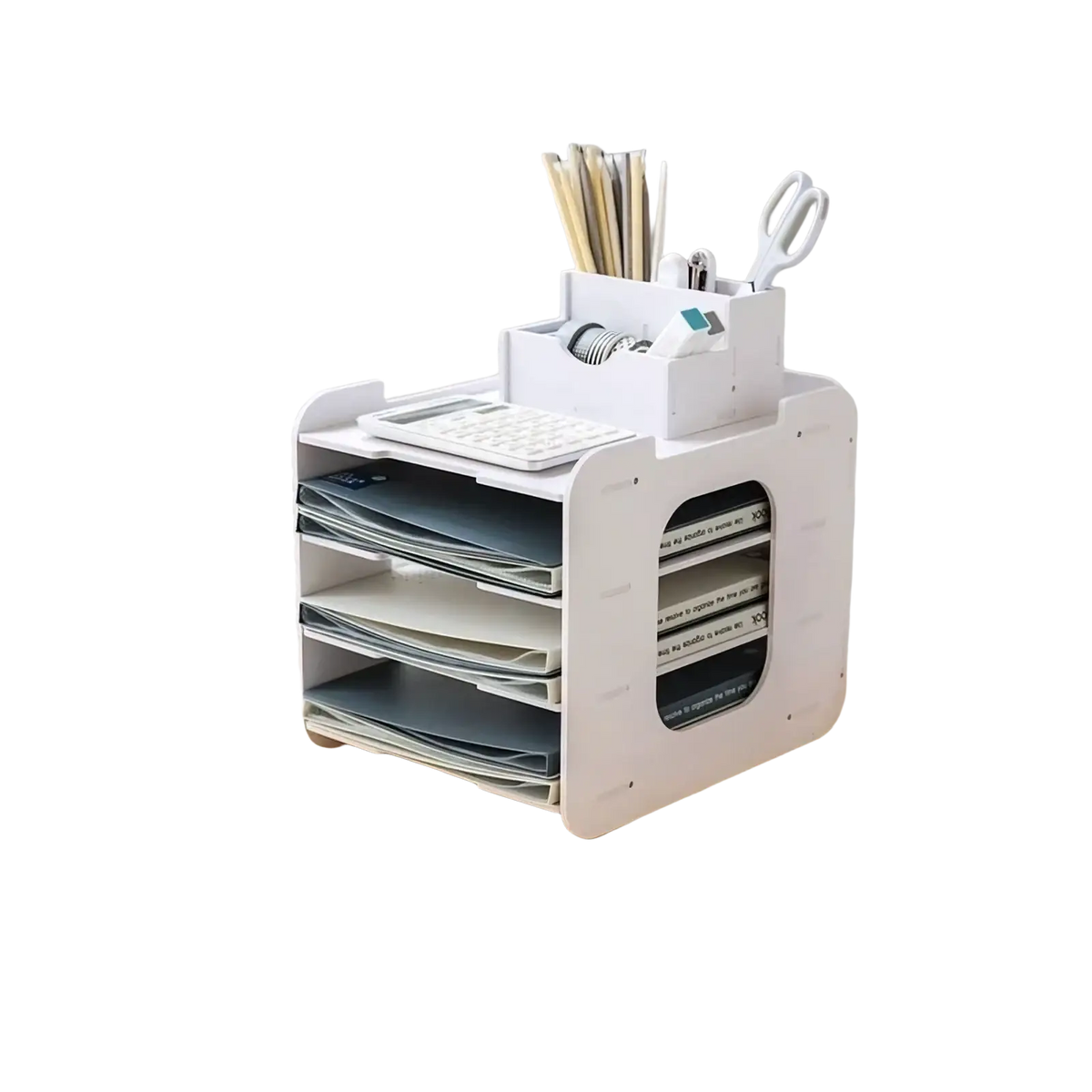 White plastic desktop file organizer and storage rack with multiple compartments and a top tray holding office supplies