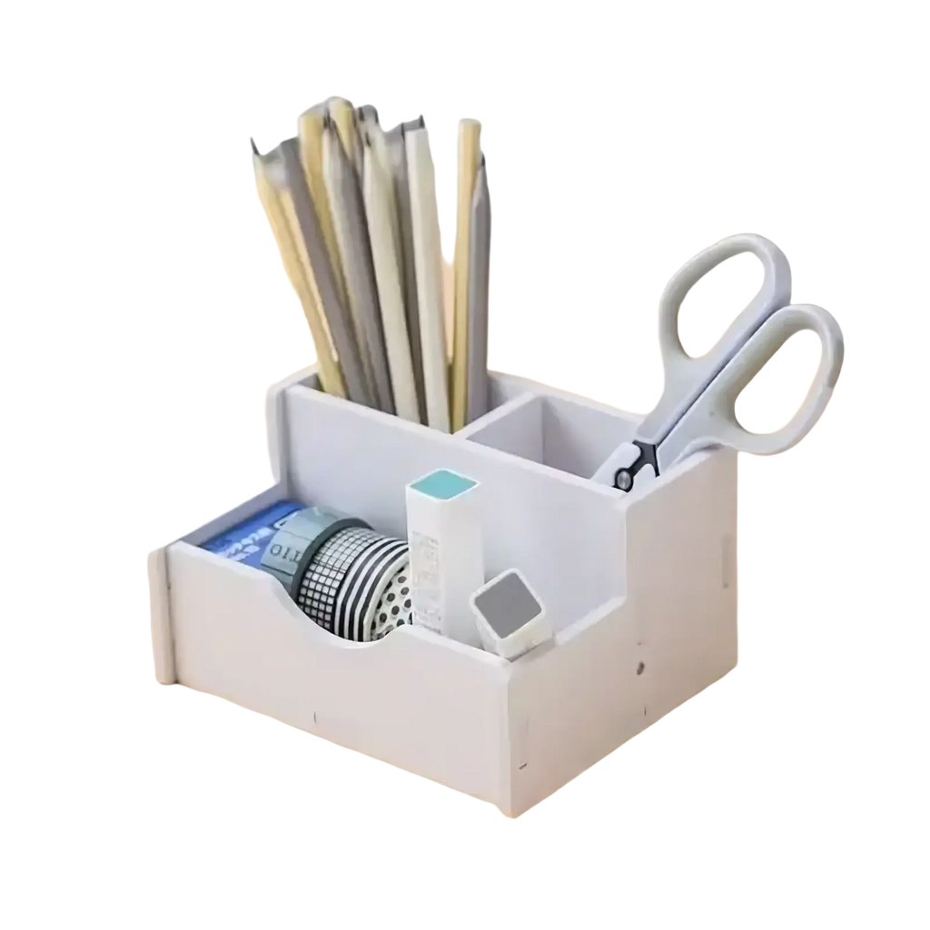 White plastic desktop file organizer and storage rack with multiple compartments holding pencils scissors and washi tape rolls
