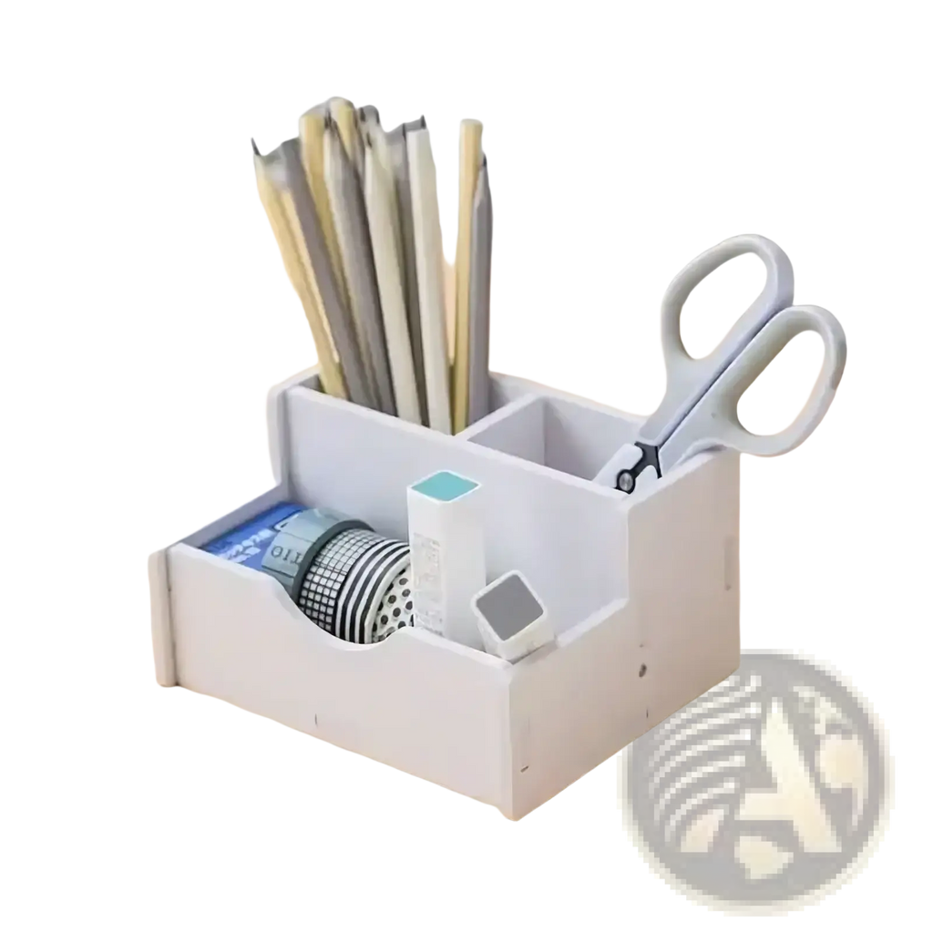White plastic desktop file organizer and storage rack with multiple compartments holding pencils scissors and washi tape rolls