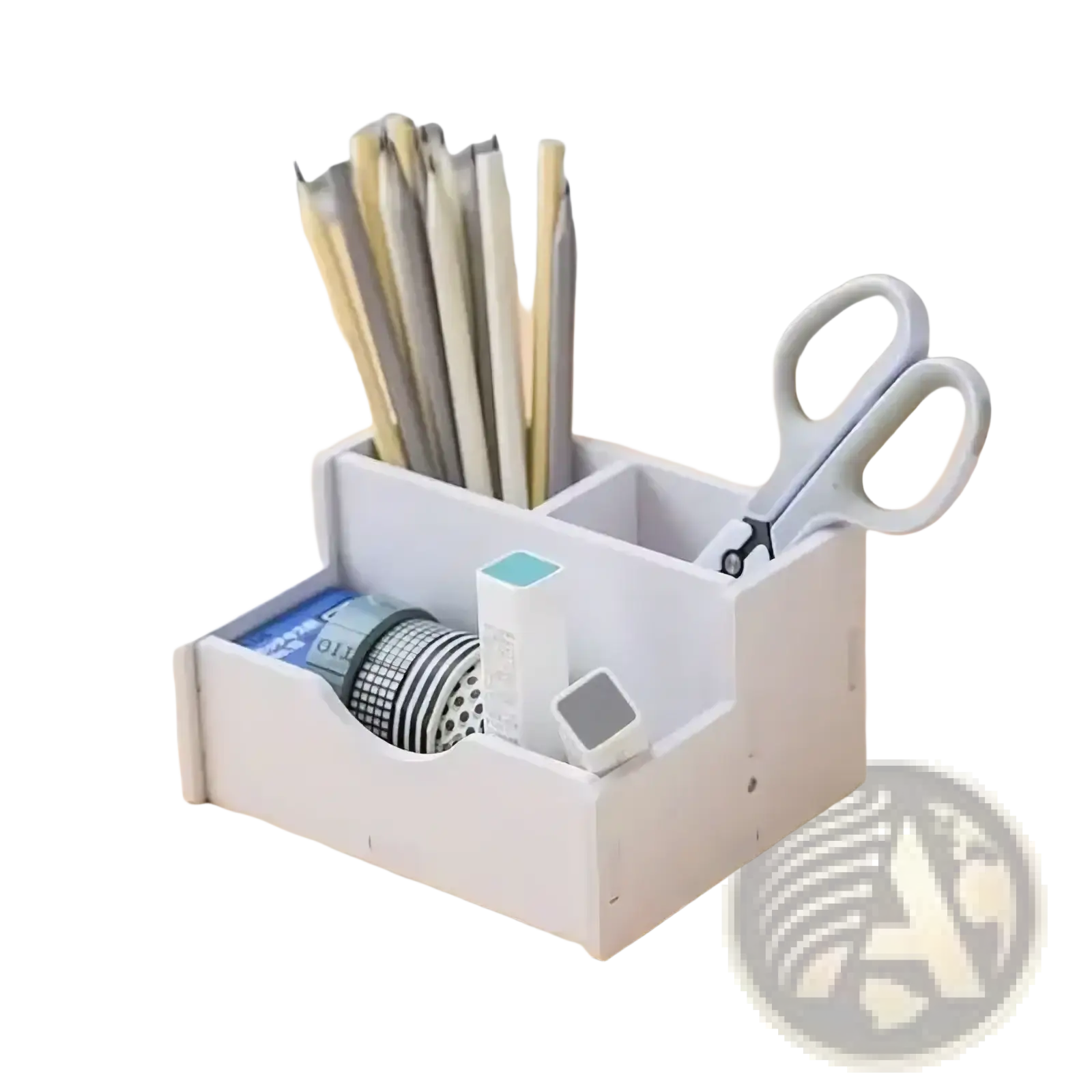 White plastic desktop file organizer and storage rack with multiple compartments holding pencils scissors and washi tape rolls