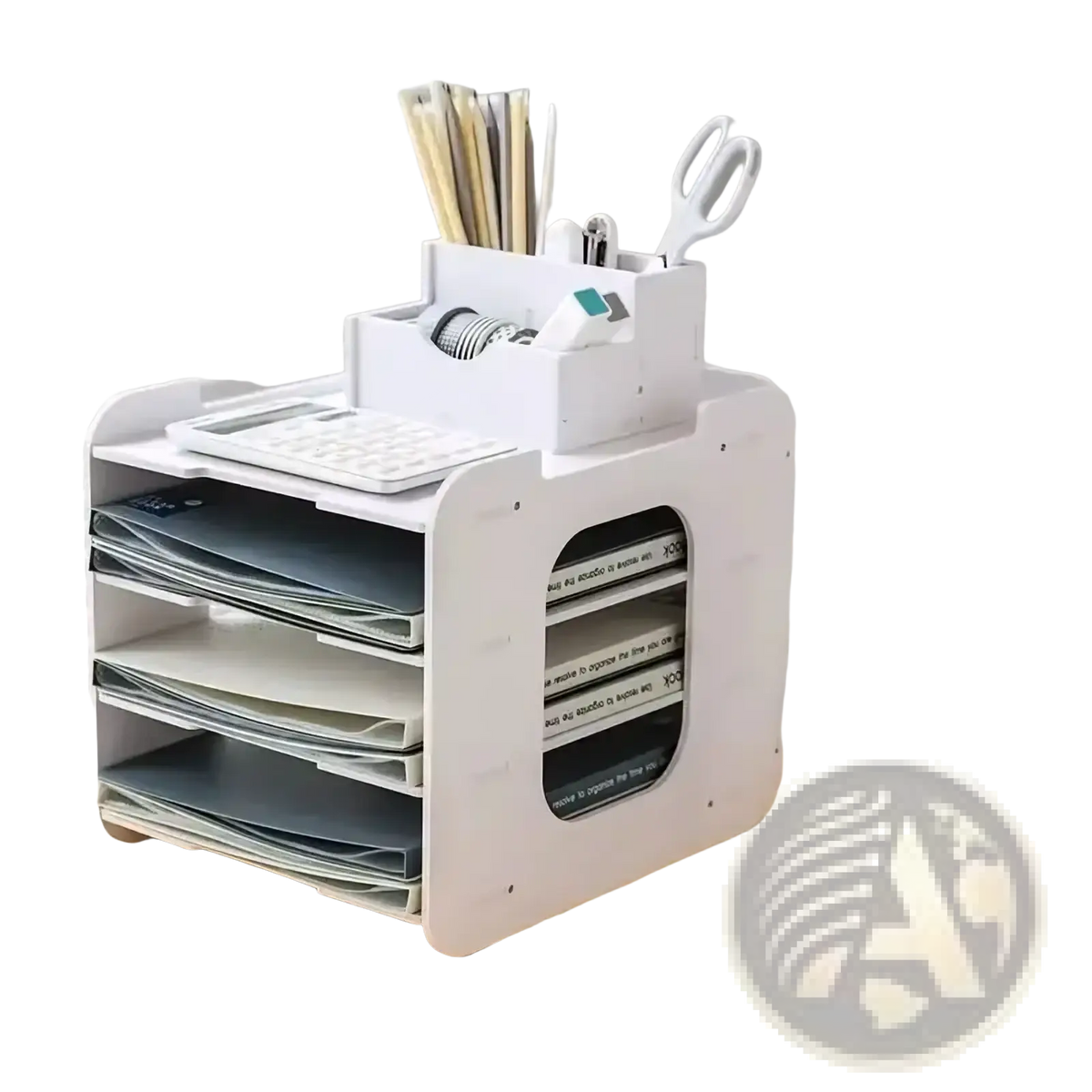 White plastic desktop file organizer with multiple compartments holding papers calculator and office supplies
