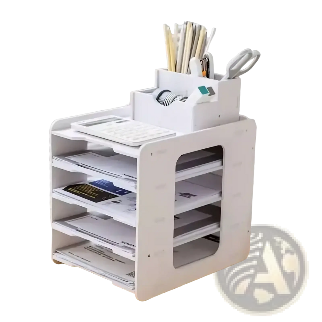 White plastic desktop file organizer with multiple compartments holding papers calculator and office supplies
