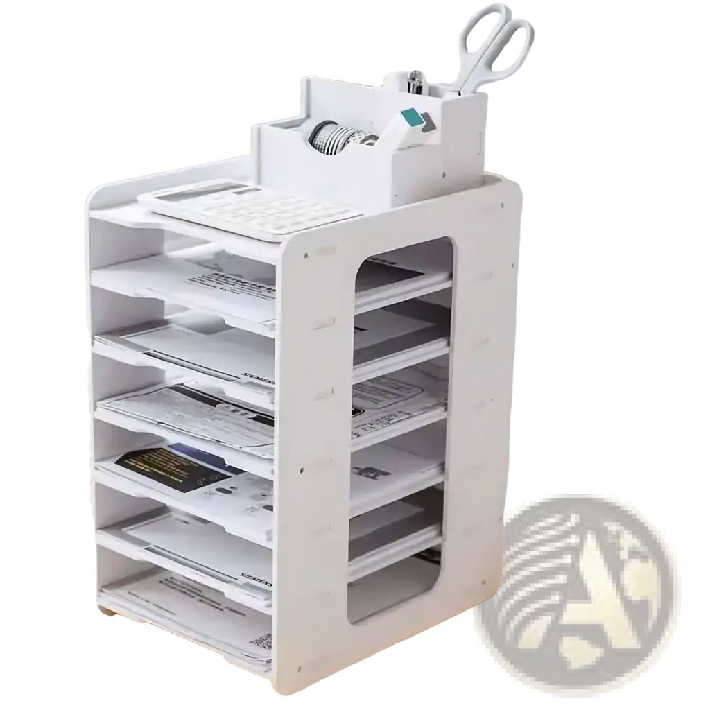 White plastic multi-compartment desktop file organizer with integrated top tray for office supply storage and organization