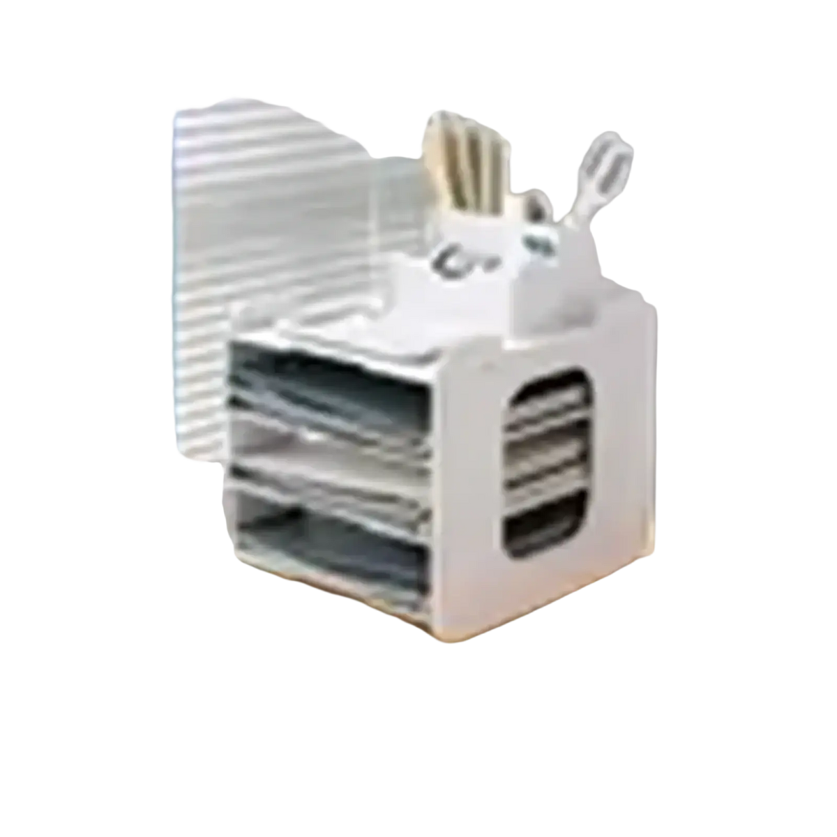 White plastic multi-tiered desktop file organizer with integrated pen and scissors holder for office storage