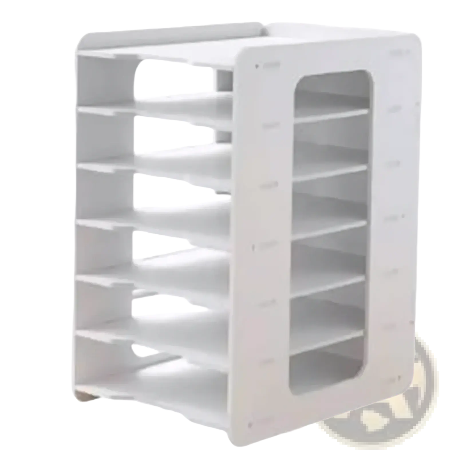 White plastic multi-tiered desktop file organizer with vertical slots and a handle for document storage and organization