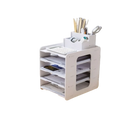 White plastic multi-tiered desktop file organizer with transparent side panels and top compartment for office supplies