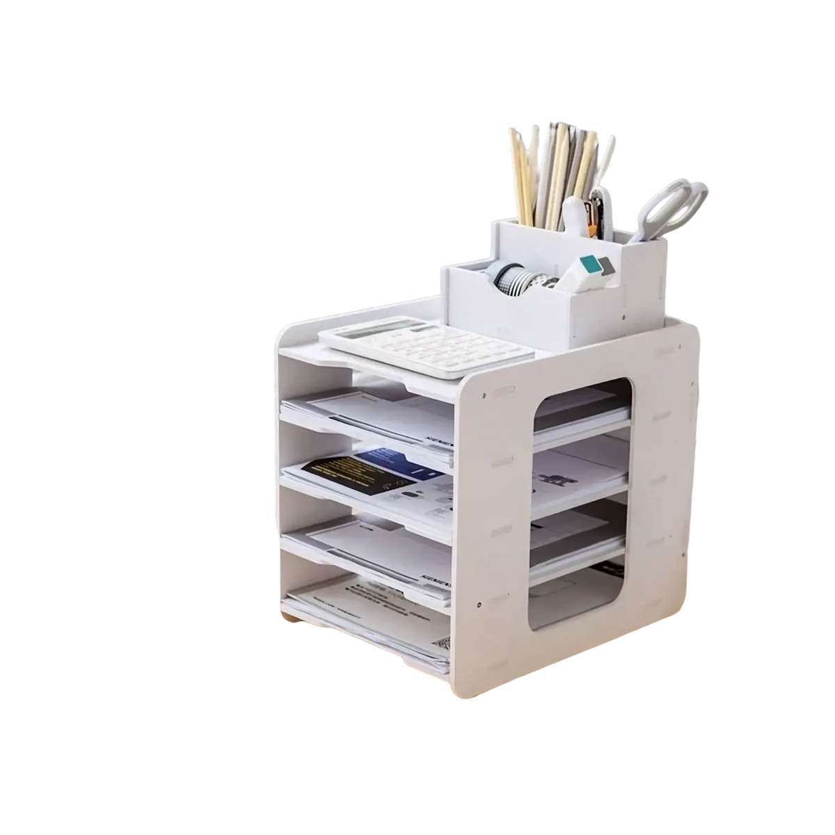 White plastic multi-tiered desktop file organizer with transparent side panels and top compartment for office supplies